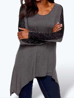 🟨 APT. 9 Womens Burgundy Handerchief Hem Tunic Long Lace-Lined Sleeve Small